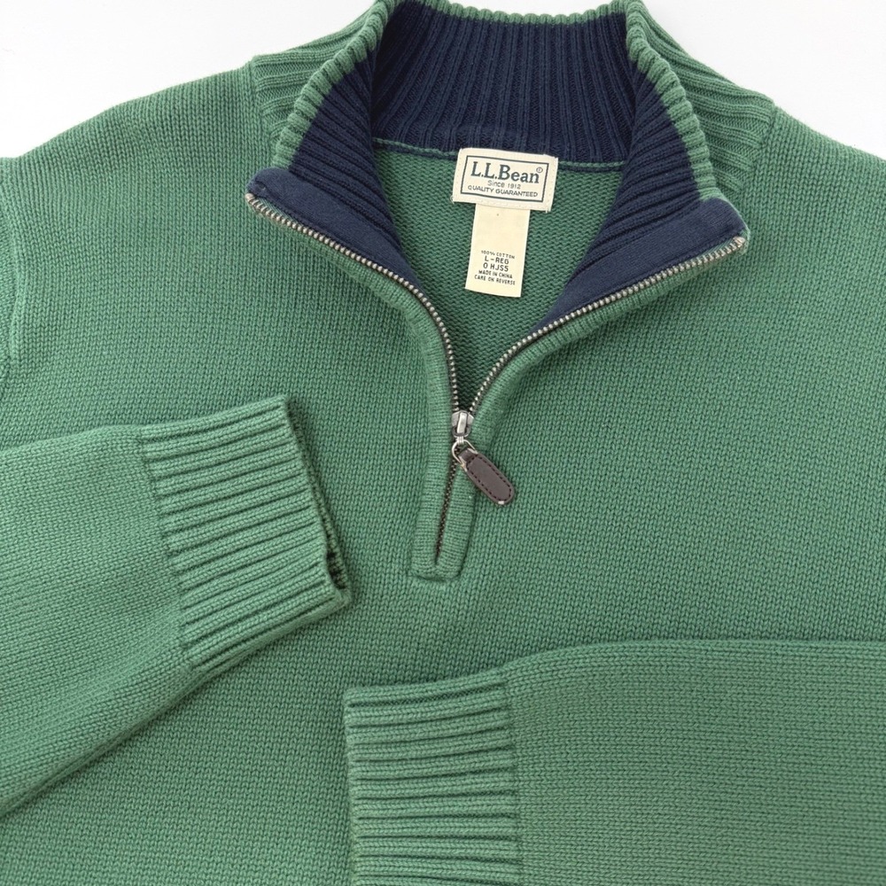 LL Bean Mens Large Green 100% Cotton Quarter Zip Pullover Sweater Regular